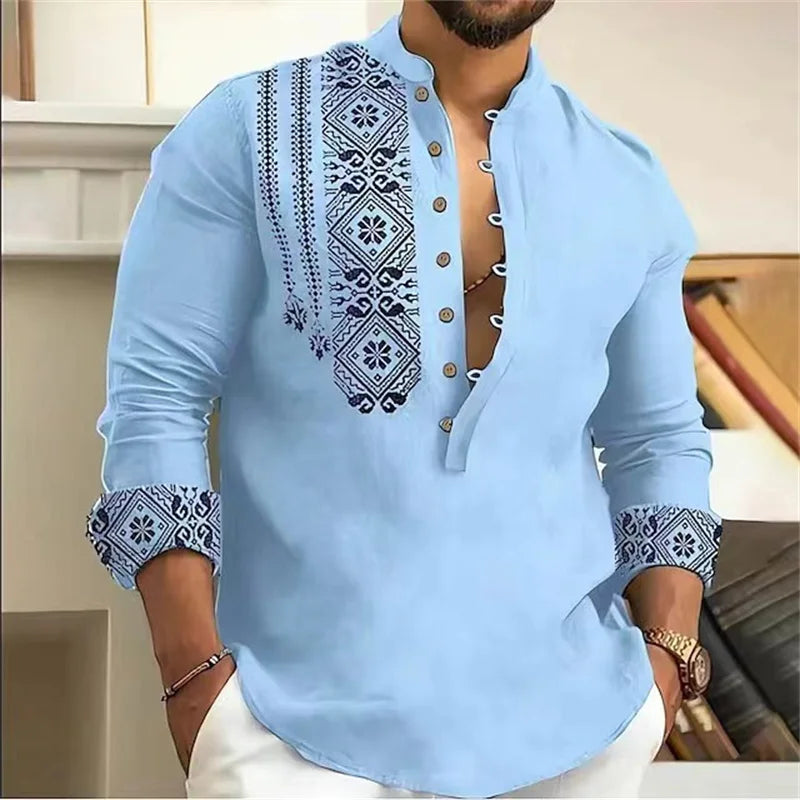 ✨ The Zen-Luxe 7-Button V-Neck Shirt: Premium Men's Casual Long Sleeve Beach Top – Loose Fit Breathable Design with High-Quality Fabric and Sophisticated Deep-V Silhouette AE14