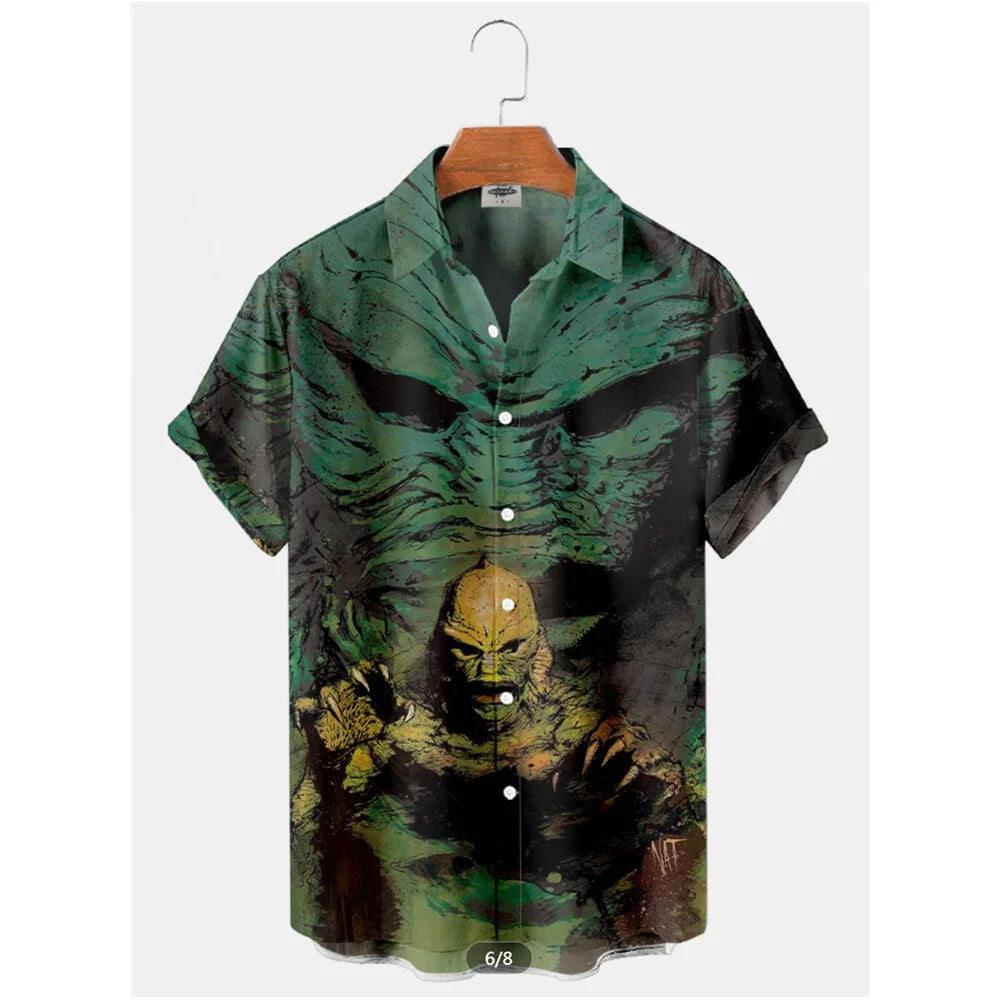 The Timeless Icon Edition Premium Men's Retro Character Graphic Shirt - High-Definition Vintage Animation Art Couples' Matching Halloween Style Hawaiian Beach Shirt, Breathable Quick-Dry Urban-Holiday Short-Sleeve Apparel