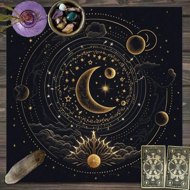 🃏 VIKAMA Astrological Energy Tablecloth – Black & Gold Planets Waterproof, Stain-Resistant Tarot Altar Cloth for Meditation, Divination & Mystic Home Decor YLB-677