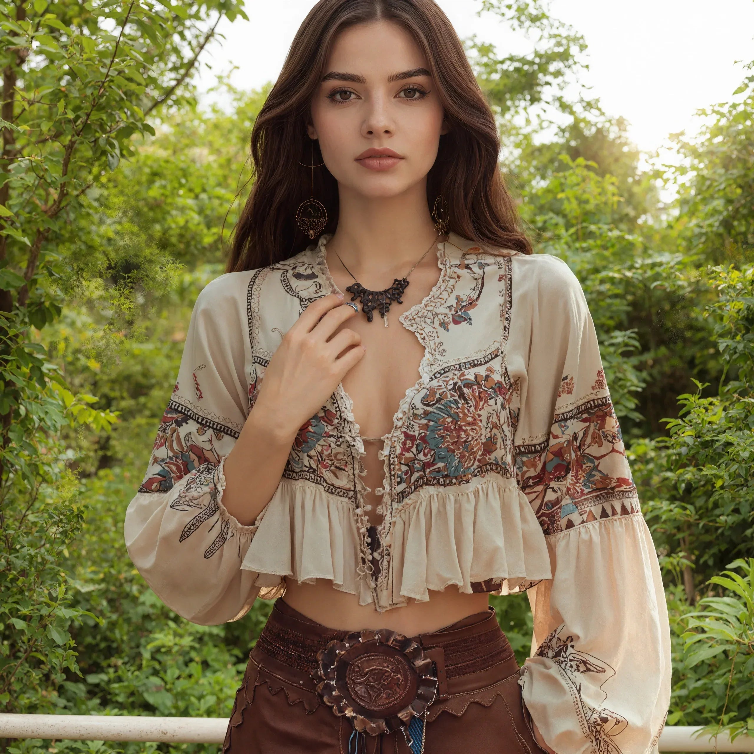 Chic Bohemian Blouse for Women – Ethnic Print Cropped Top with Lantern Sleeves for Summer & Autumn Casual Style