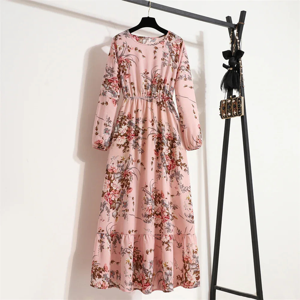 Women’s Bohemian Maxi Dress - Casual Chiffon Dress with Full Sleeves, High Waist, and Floral Print for Spring and Autumn