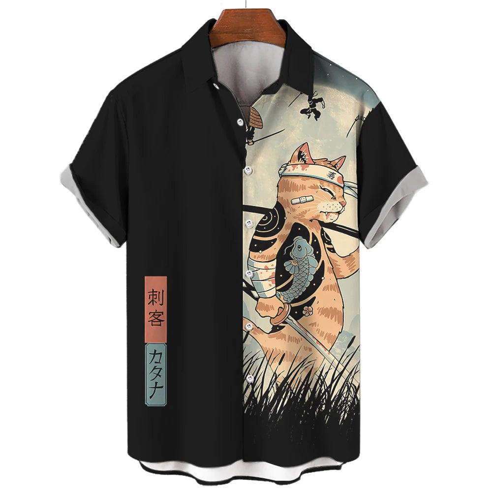 🐱⚔️The Samurai Neko Edition Premium Unisex 3D Printed Japanese Samurai Cat Shirt - High-Definition Bushido Feline Graphic Quick-Dry Hawaiian Beach Shirt, Breathable Urban-Streetwear Short-Sleeve Casual Apparel