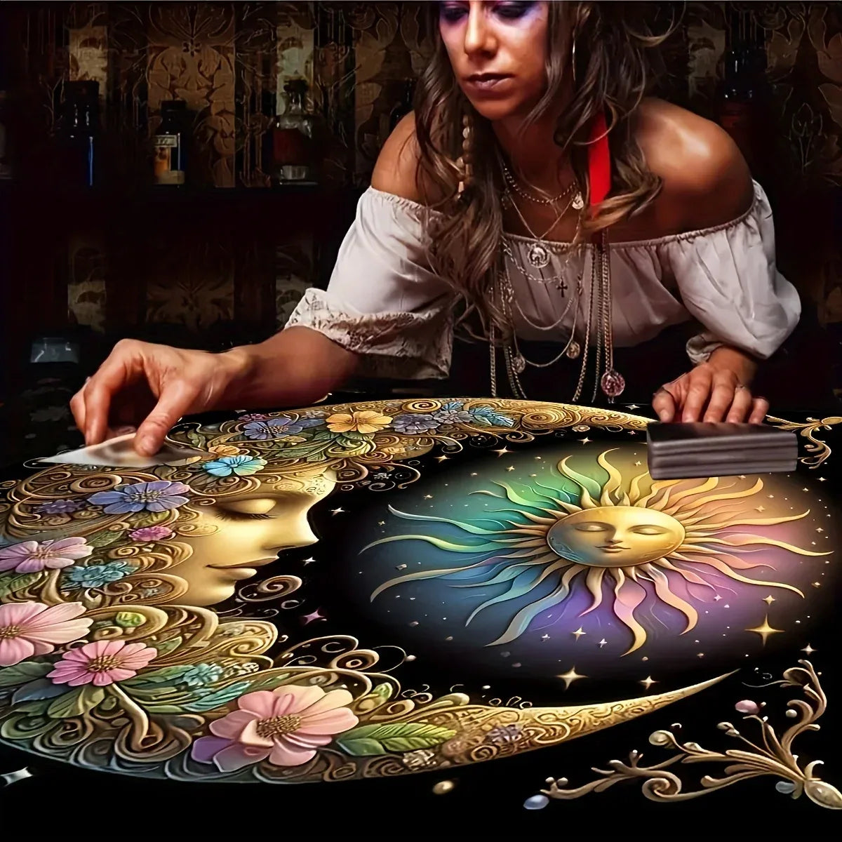 🃏 Elegant Sun & Moon Mandala Tarot Tablecloth – Starry Sky Witchcraft Altar Cloth for Astrology, Oracle Readings & Black Tarot Mat