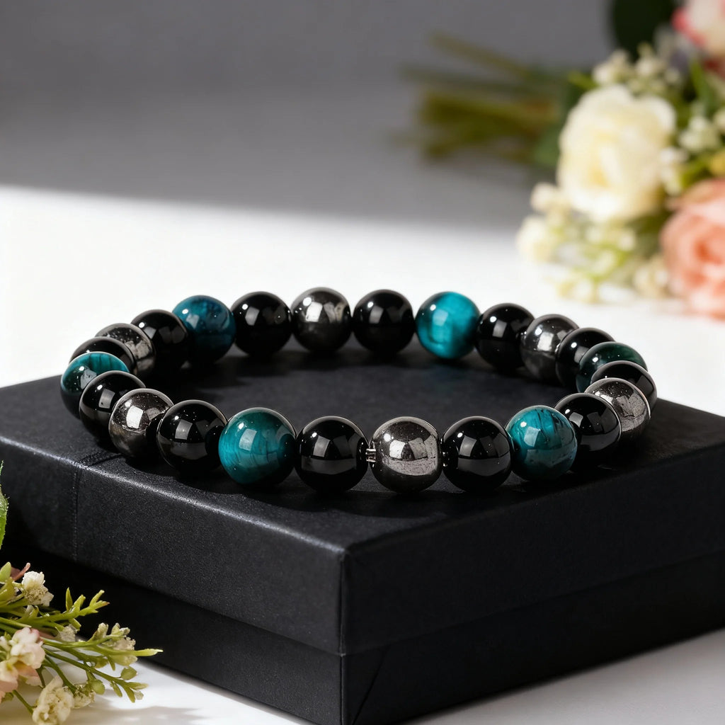 ✨ Classy Autumn & Winter Jewelry – Blue & Yellow Hematite Tiger’s Eye Bracelet – Unique Natural Stone Accessory for Family Banquets