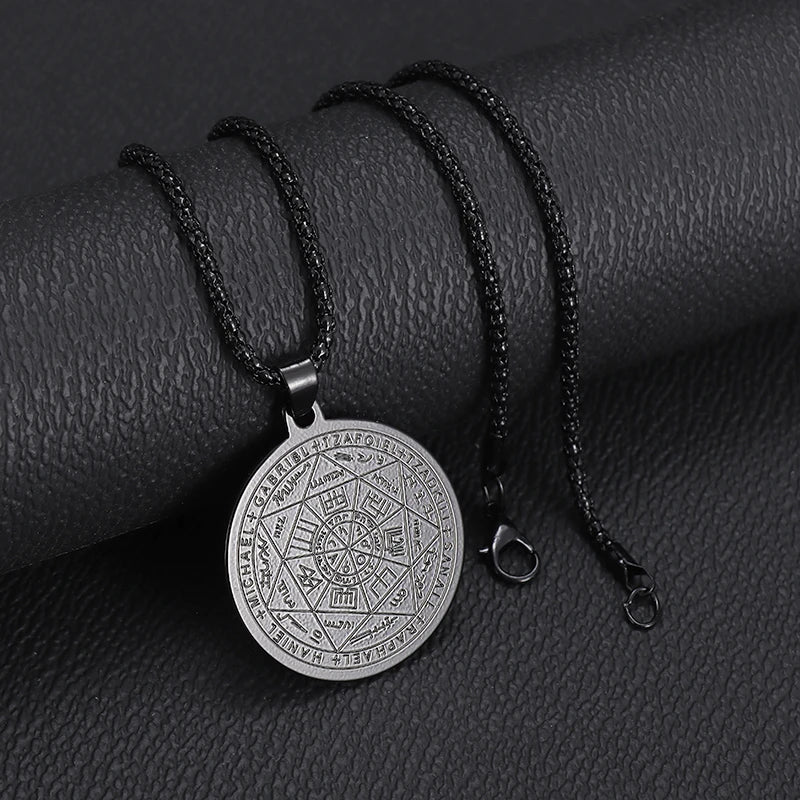 ✨ Stainless Steel 7 Archangel Seal Necklace – Solomon Kabbalah Seal Pendant | Men’s Supernatural Protection Amulet & Magical Jewelry A6720-Black