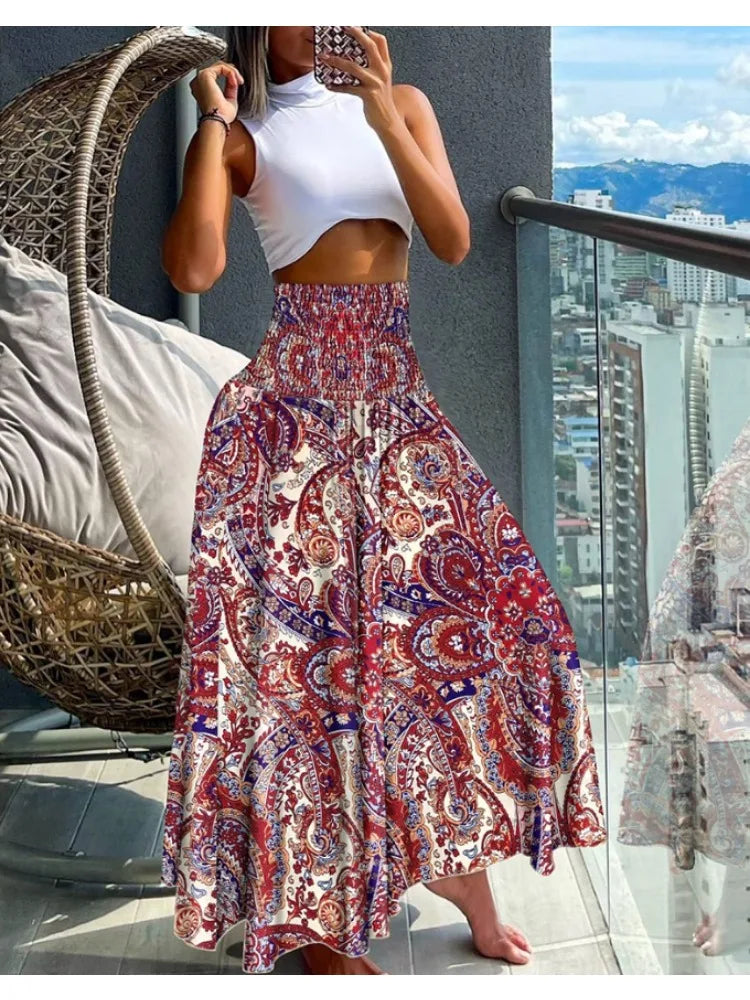 🌟 Women Fashion Floral Print Folds Bohemian Elastic High Waist Skirt Ladies Knee-Length Long Skirts Red