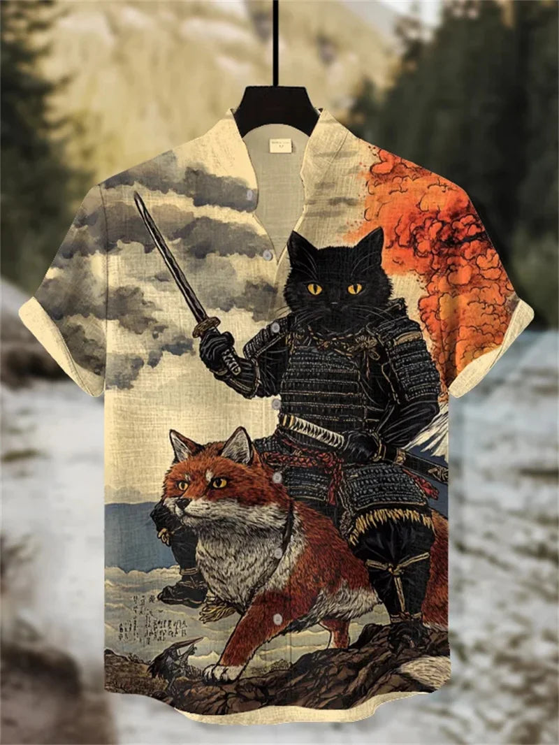 ⚔️ The Neko-Warrior Heritage: Premium Men’s 3D Samurai Cat Linen Shirt – High-Definition Plum Blossom Graphic Print, Breathable Organic Cotton-Linen Blend, and Sophisticated Harajuku-Inspired Summer Button-Down ML657