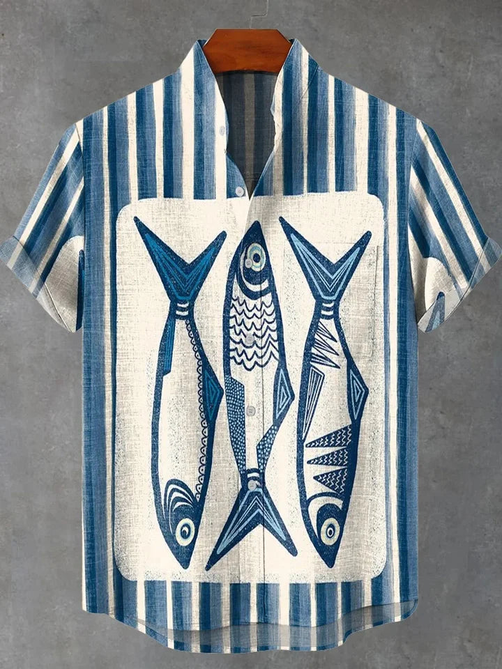 🐟 The Retro-Angler Mandarin Edition: Premium Men’s Stand-Up Collar Linen Shirt – High-Definition 3D Fish Pattern, Breathable Organic Cotton-Linen Blend, and Sophisticated Vintage Casual Silhouette