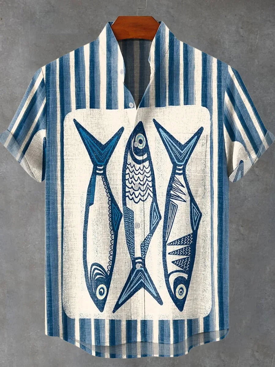 🐟 The Retro-Angler Mandarin Edition: Premium Men’s Stand-Up Collar Linen Shirt – High-Definition 3D Fish Pattern, Breathable Organic Cotton-Linen Blend, and Sophisticated Vintage Casual Silhouette ZD351