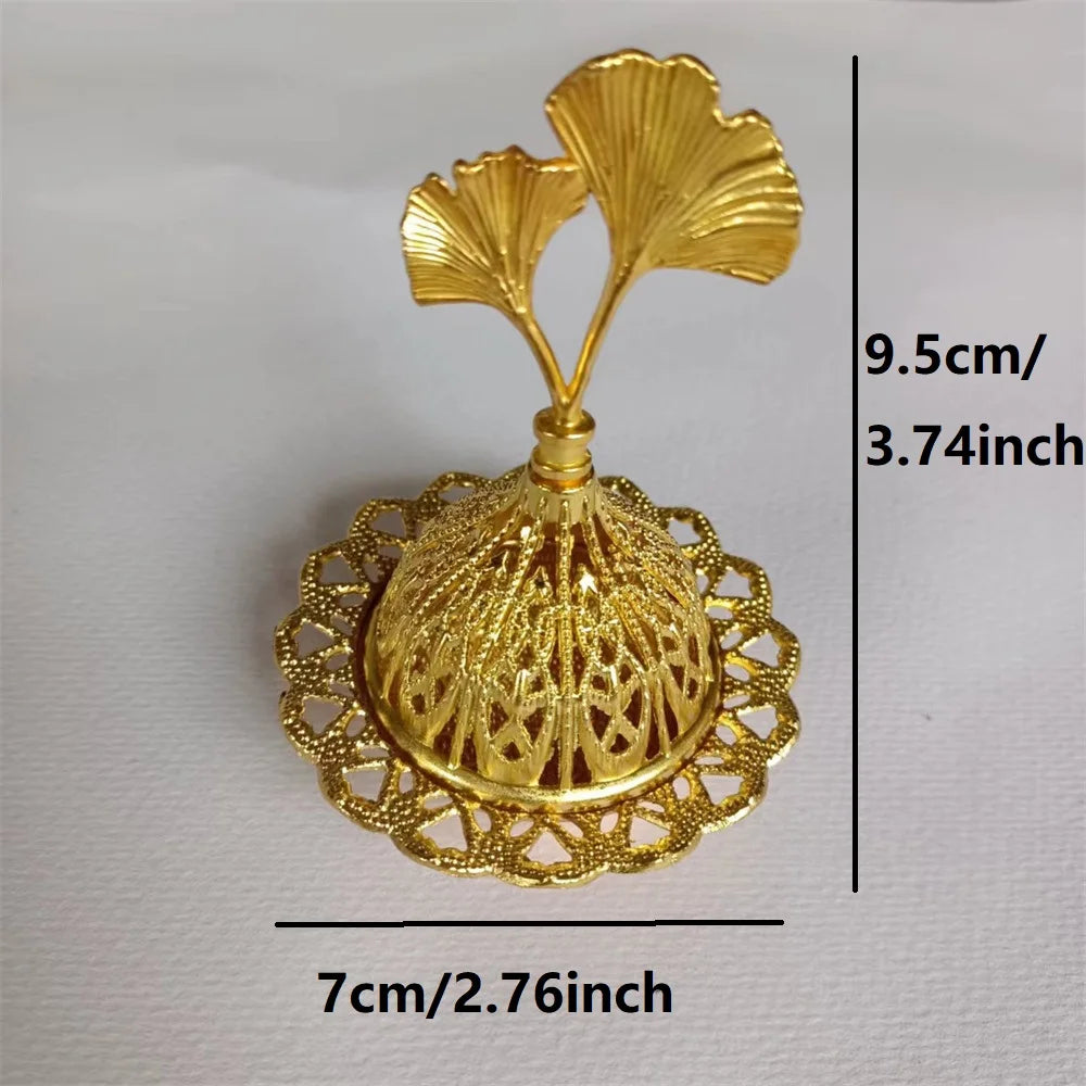 Mini Copper Lotus Incense Burner – Retro Hollow Out Design with Cap, Golden Arab Style for Aromatherapy & Spiritual Blessing Ginkgo biloba leaves