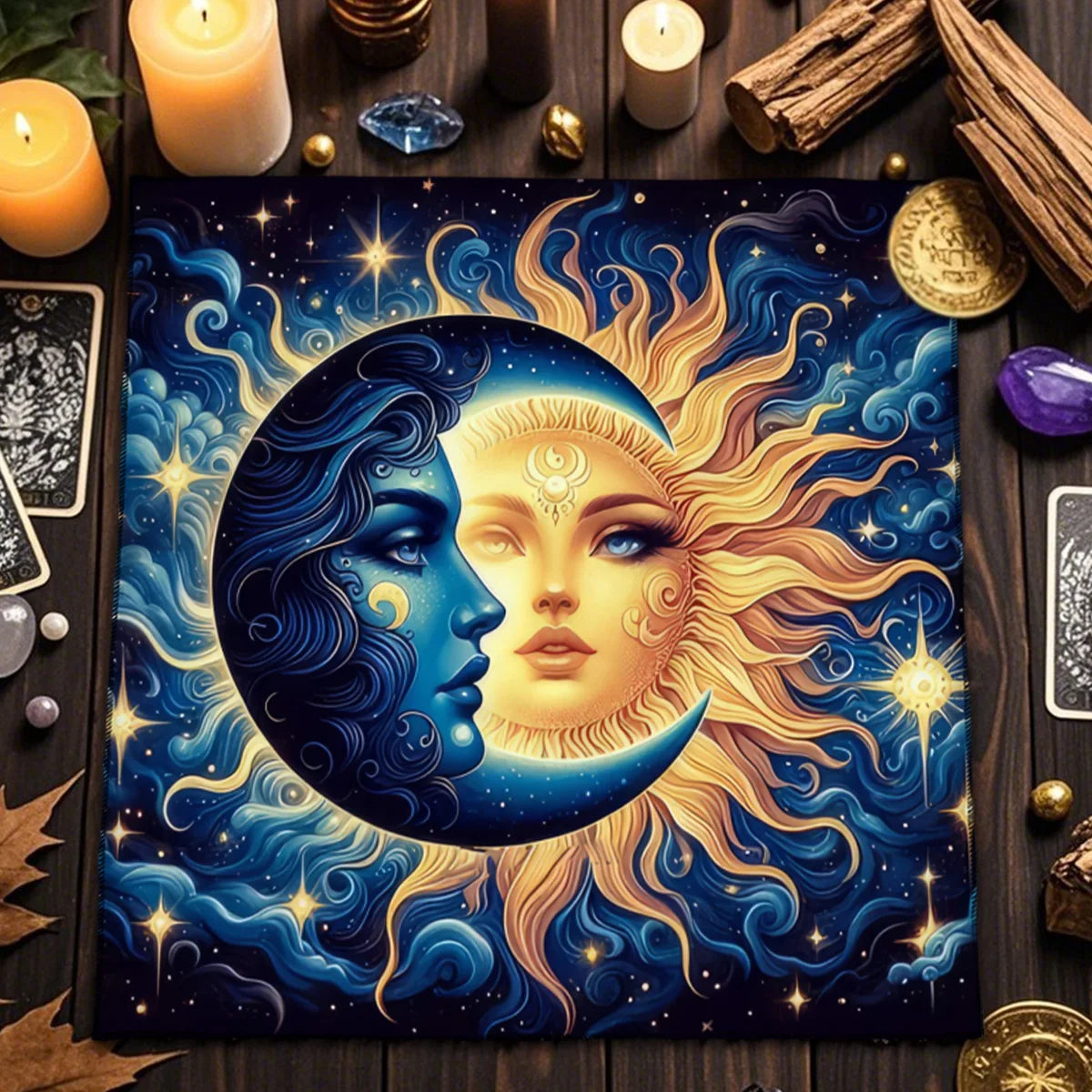 🌞🌙 Sun and Moon Tarot Card Tablecloth | Decorative Altar & Ritual Cloth | Divination & Astrological Card Game Pad