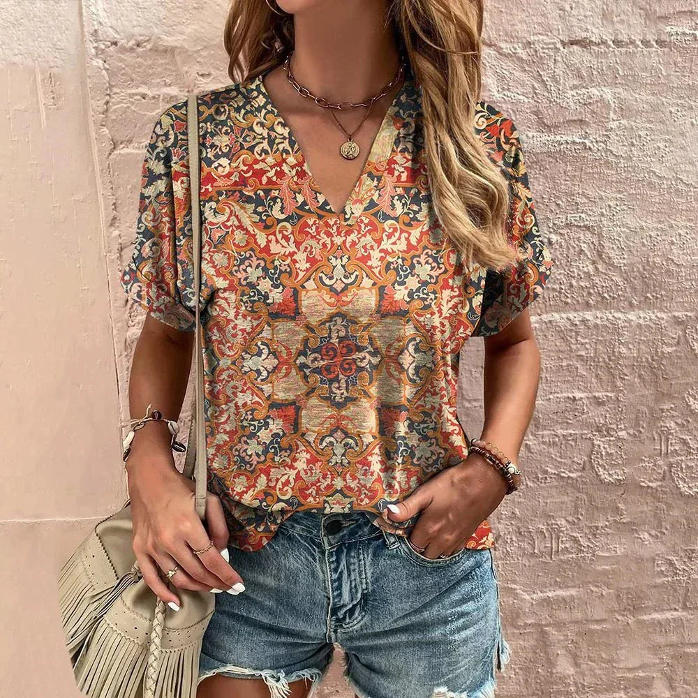 Retro Women’s Floral T-Shirt – Harajuku Style Short Sleeve V-Neck Casual Blouse S56VTX170