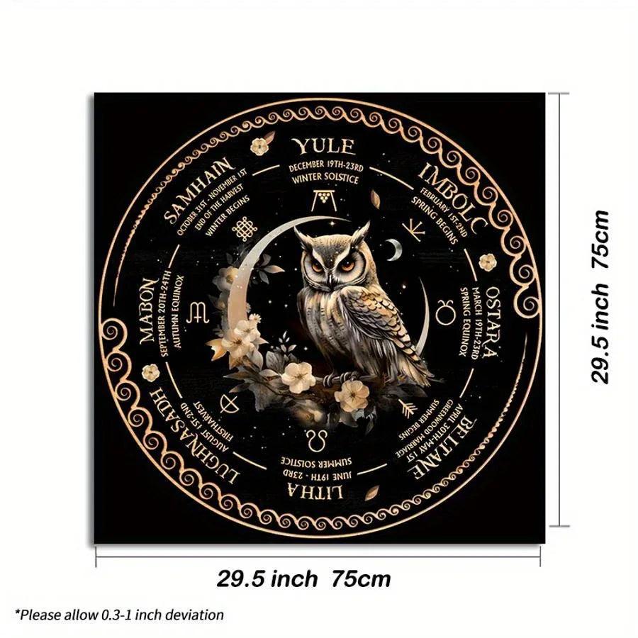 🦉Tarot Tablecloth | Astrology Wheel & Owl Design – Black Boho Witchcraft Dorm Decor with Sun and Moon Symbols