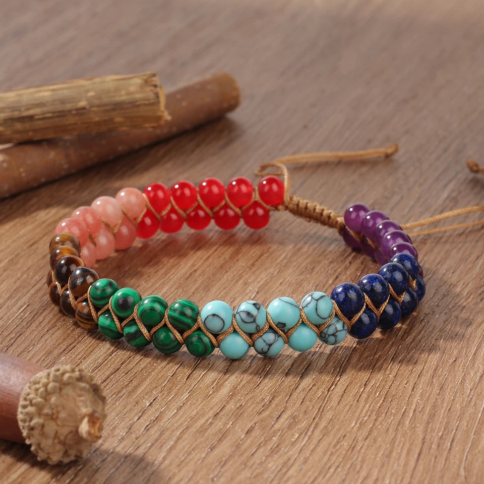 ✨ 7 Chakras Double-Layer Woven Adjustable Ankle Chain with Natural Tiger’s Eye and Colorful Beads – Boho Chic Foot Ornament for Women