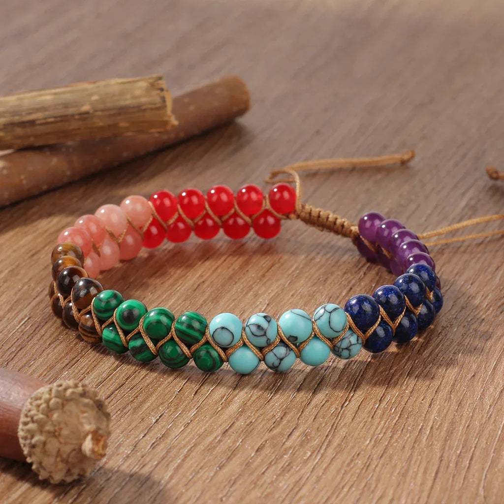 ✨ 7 Chakras Double-Layer Woven Adjustable Ankle Chain with Natural Tiger’s Eye and Colorful Beads – Boho Chic Foot Ornament for Women