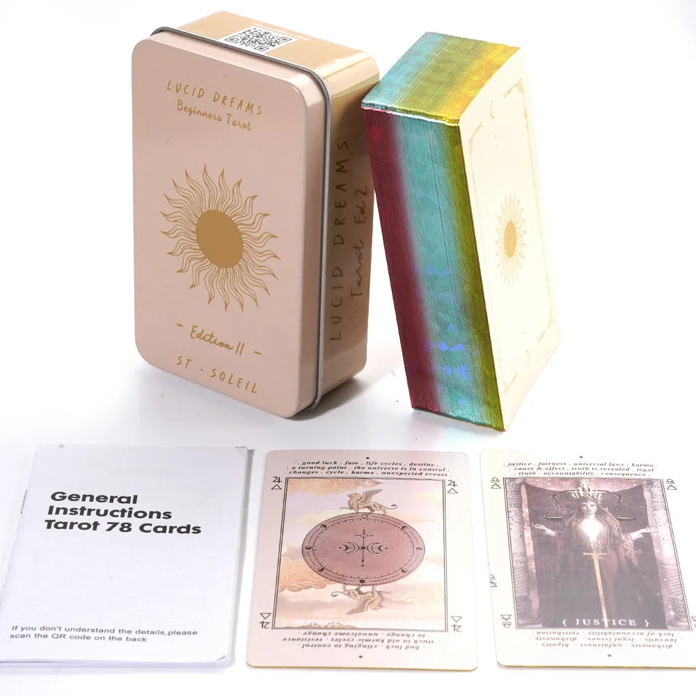 Lucid Dreams Beginners Tarot Deck in Tin Metal Box – 78 Cards with PDF Guidebook for Divination and Entertainment