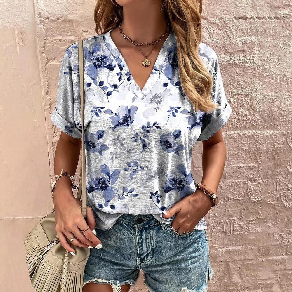 Retro Women’s Floral T-Shirt – Harajuku Style Short Sleeve V-Neck Casual Blouse S56VTX198