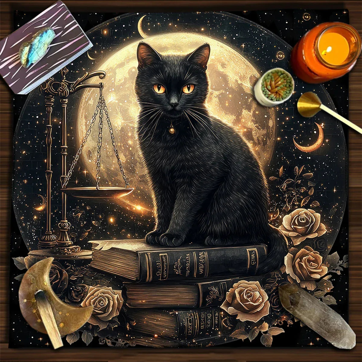 🔮Colorful Mandala Black Cat Altar Cloth – Tarot Tablecloth with Moon & Starry Sky for Witchcraft, Divination & Mystical Home Decor TLB (860)