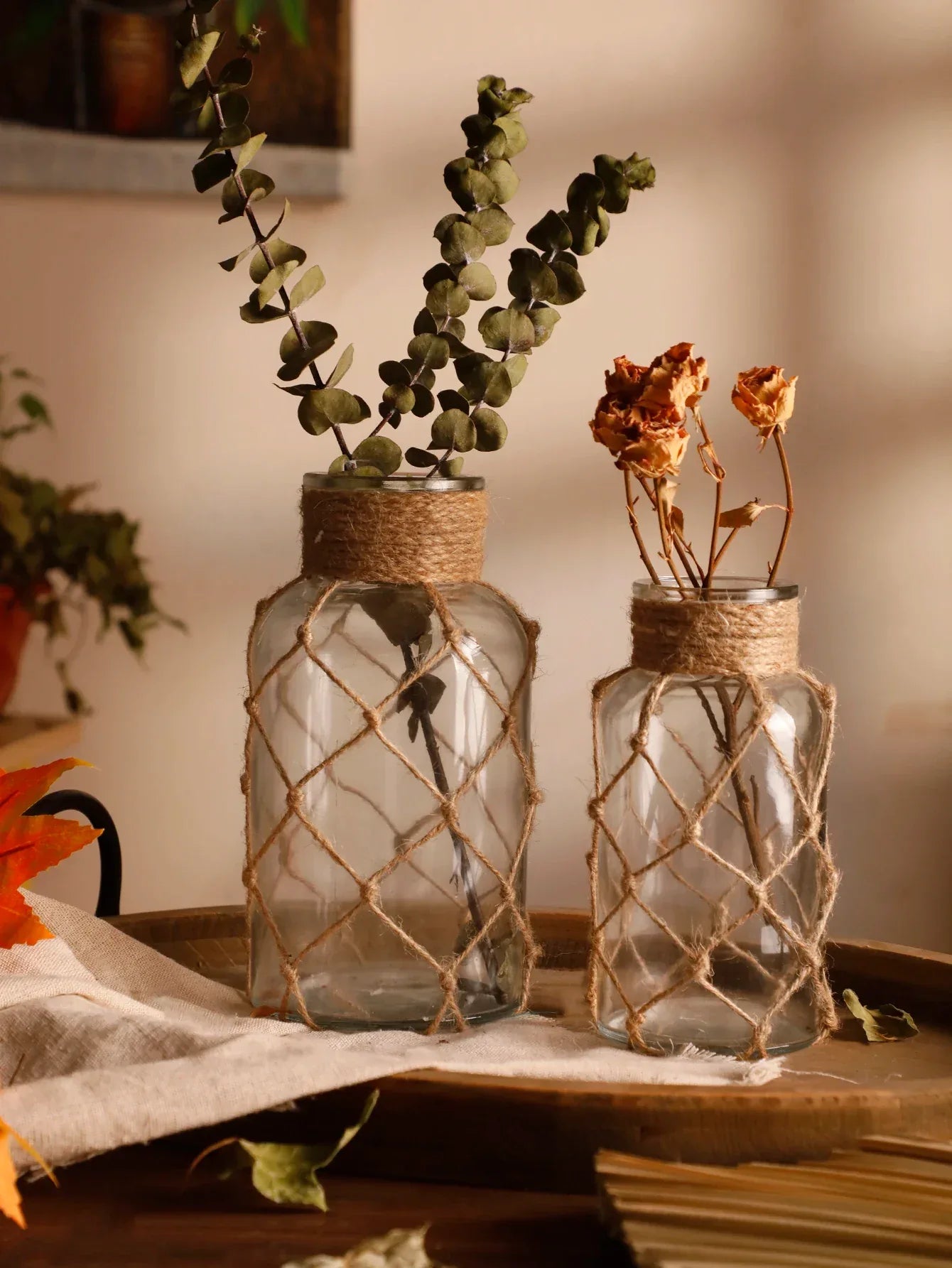 🌿Rustic Hanging Glass Vase with Hemp Rope Net – Handmade Transparent Glass Holder for Dried Flowers and Boho Home Décor