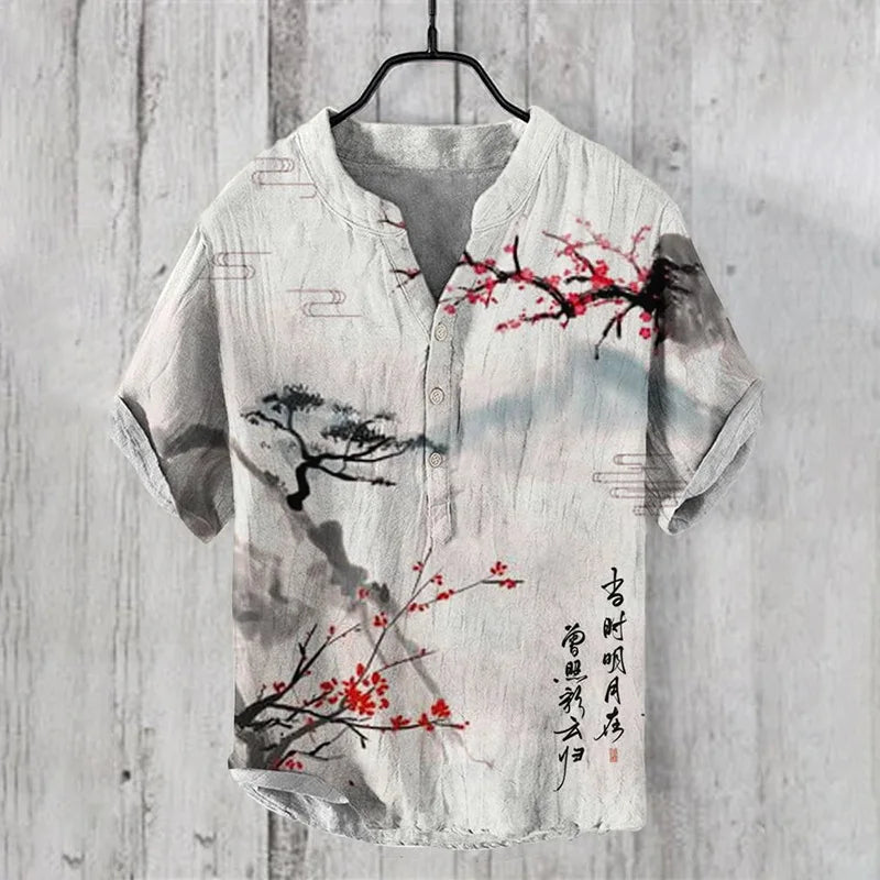 🌊 The Euro-Wave Heritage: Premium Men’s Summer Shirt – High-Definition Euro-American Wave Graphic Print, Modern Mandarin Standing Collar, and Sophisticated Urban-Resort Short-Sleeve Button-Down