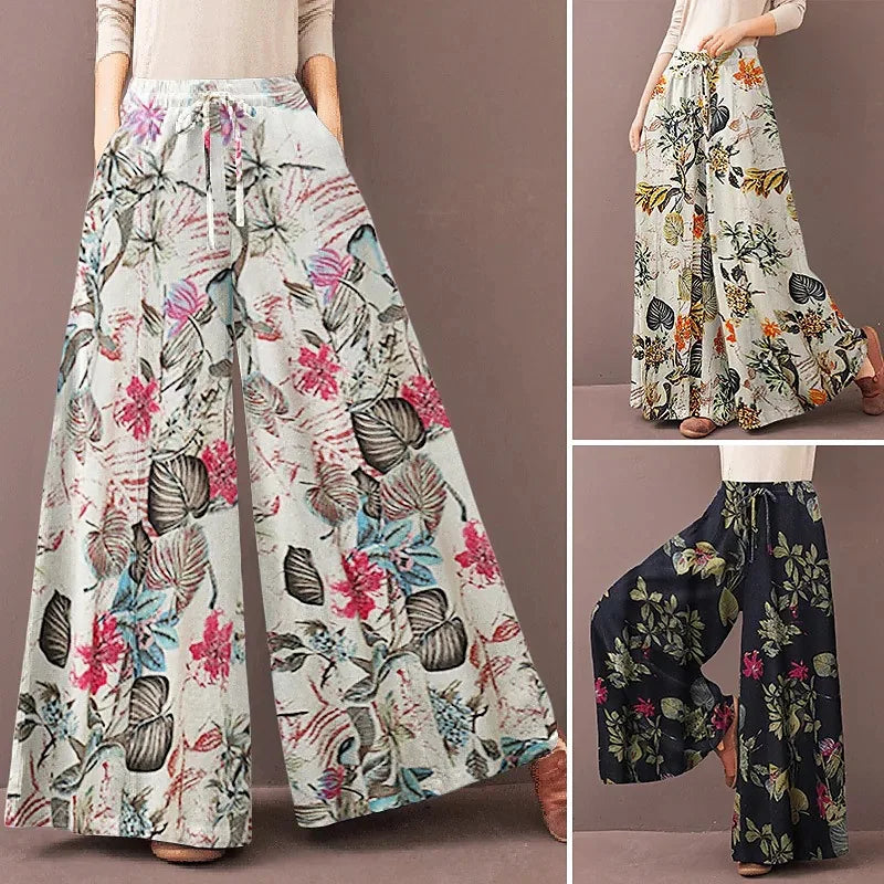 👖 Women’s Floral Print Wide Leg Pants – Spring Autumn Bohemian Drawstring Casual Trousers