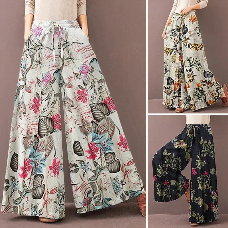 Women's Bohemian Floral Wide Leg Pants - Casual Drawstring Trousers for Spring and Autumn