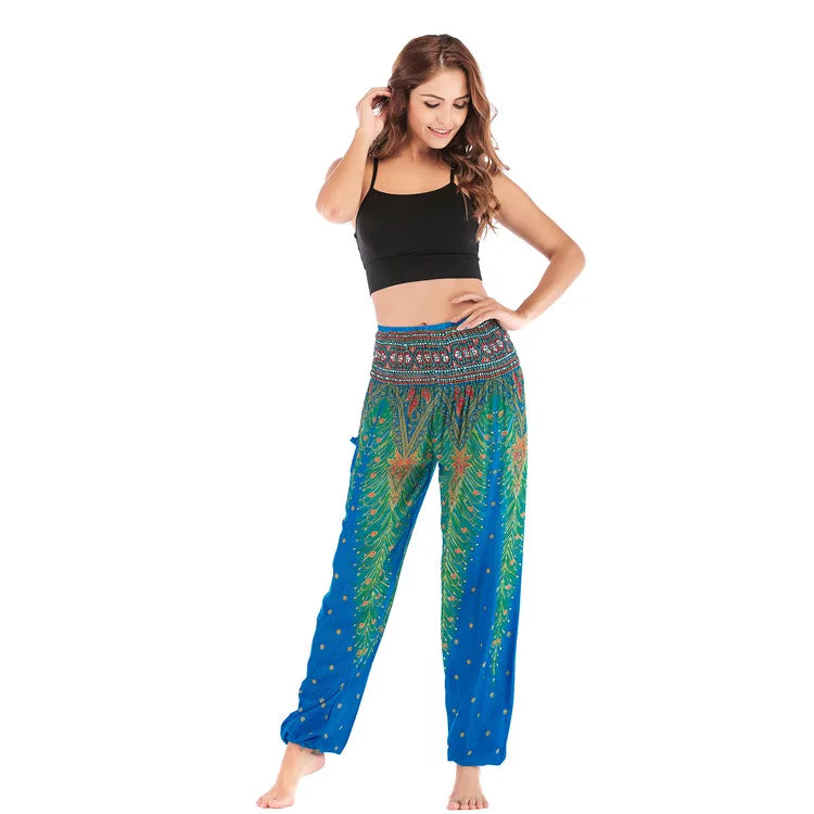 🧘‍♀️ Women’s Yoga Boho Pants – Floral Print Harem Leggings with Pocket, High Waist, Elastic Waistband, and Ankle Straps
