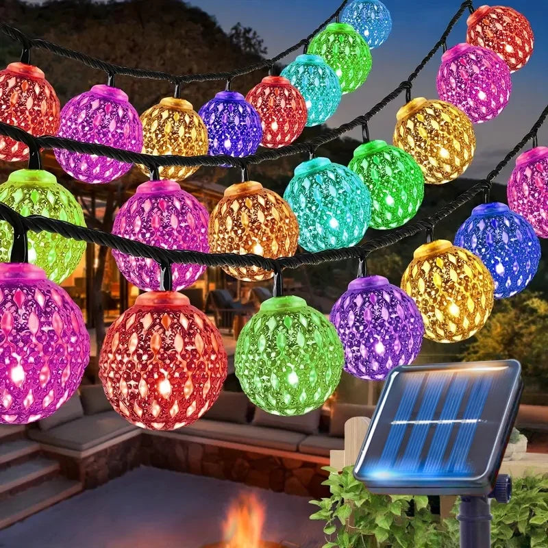 Solar Moroccan Ball String Lights – Multi-Mode Waterproof LED Fairy Lights for Festive Outdoor Ambiance and Garden Decor Color