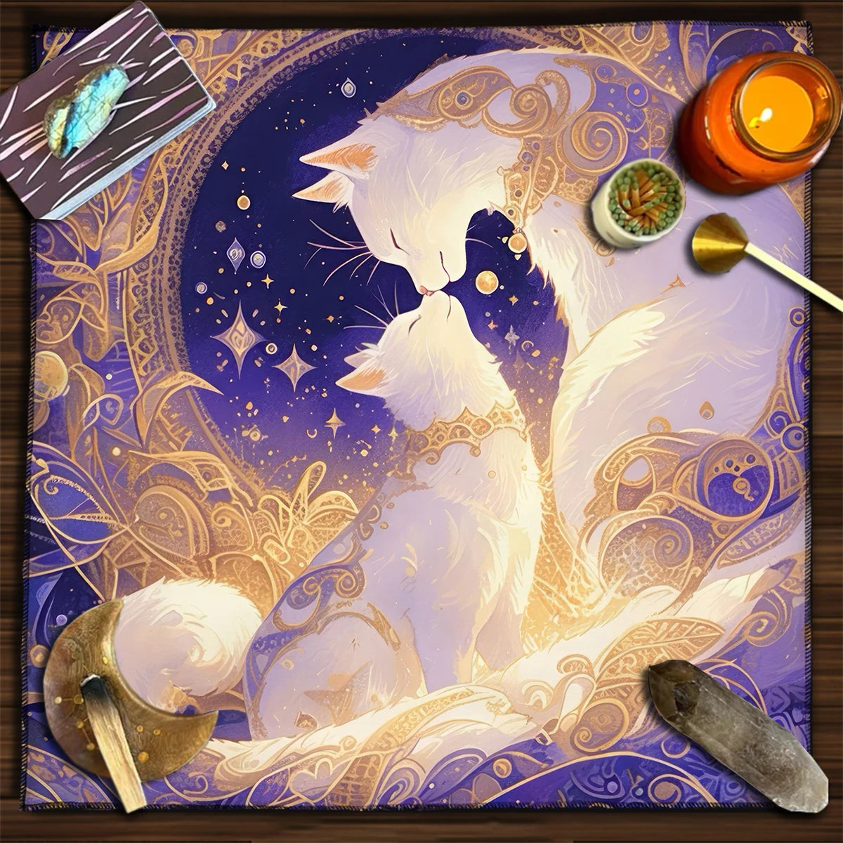 🔮Colorful Mandala Black Cat Altar Cloth – Tarot Tablecloth with Moon & Starry Sky for Witchcraft, Divination & Mystical Home Decor TLB (887)