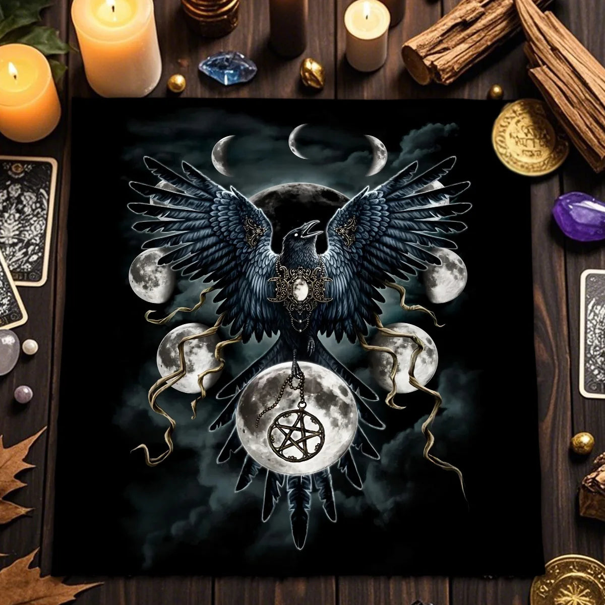 🃏Crow & Moon Phase Tarot Tablecloth – Star Divination Altar Cloth for Runes, Witchcraft Rituals & Mystical Party Game Decor TLB (471)