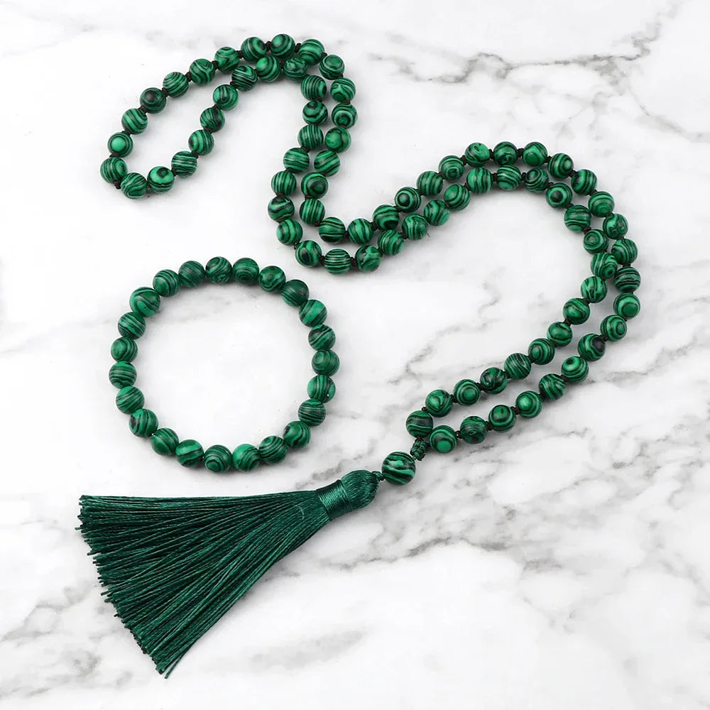 🐯 Natural Tiger Eye Stone Jewelry Set (Necklace & Bracelet): Healing Tassel Pendant & Sweater Chain – Confidence, Wealth & Protection Crystal for Women Green Malachite