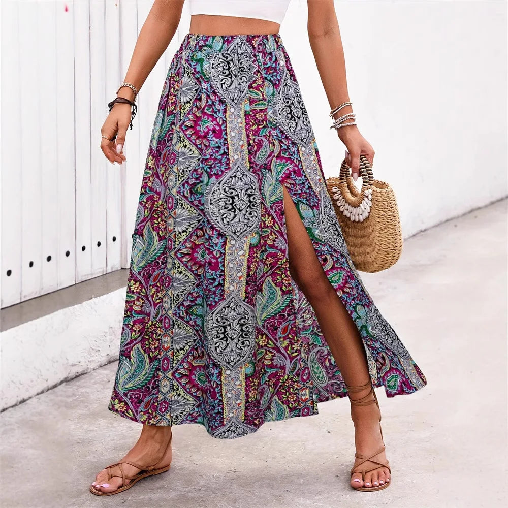 👗Bohemian Boho Retro Floral Print Skirts – Women’s Indie Folk Summer High Waist A-Line Pleated Long Skirts PH2401191-1