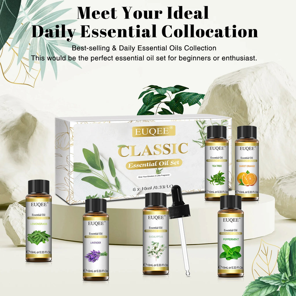 🌿 EUQEE 6-Piece Essential Oils Set – Premium Aromatic Oils for Humidifier and Diffuser, Including Lavender, Eucalyptus, Peppermint, Tea Tree, Sweet Orange, and Lemongrass﻿