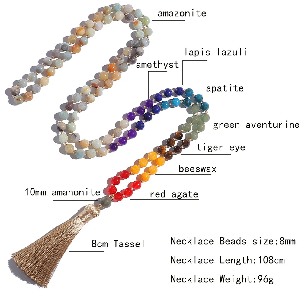 🌊 108 Bead Amazonite Mala Necklace: 8mm Knotted Prayer Beads with 7 Chakra Stones – "Stone of Hope" for Calming, Throat Chakra & Meditation