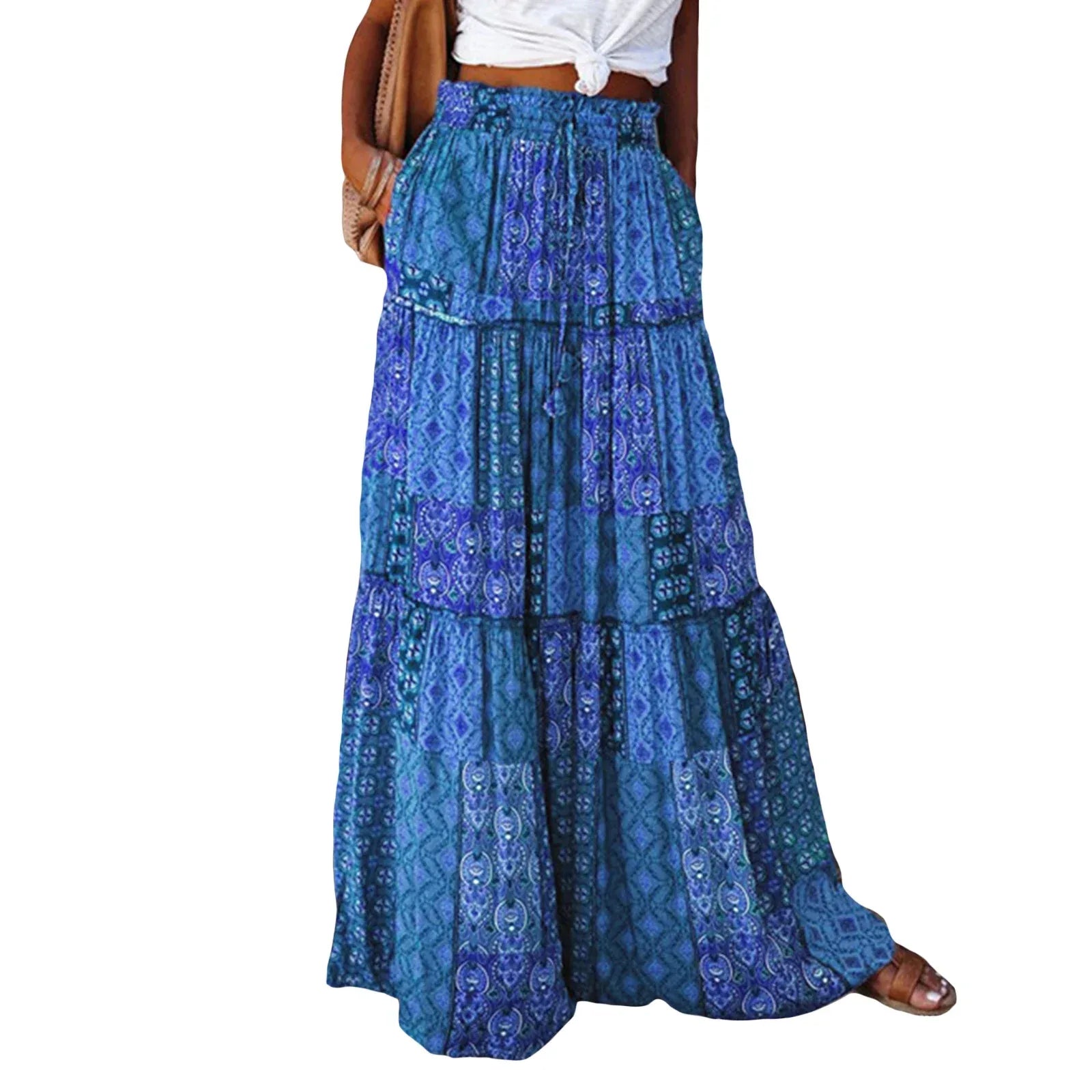 Women’s Bohemian High Waist Skirt A-Line Swing with Pockets - Drawstring Elastic Long Skirt C