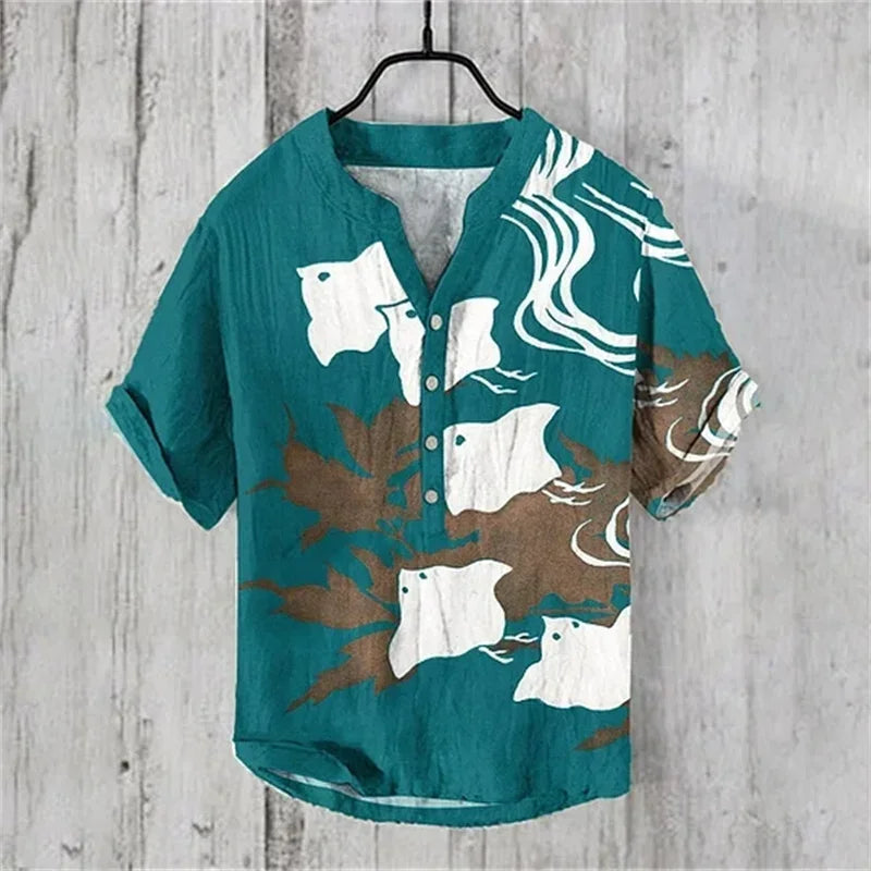 🌊 The Kanagawa Gallery Edition: Premium Men’s Summer V-Neck – High-Definition "The Great Wave off Kanagawa" Graphic Print, Breathable Linen-Blend Performance Fabric, and Sophisticated Modern-Fit Designer Tee HTY412