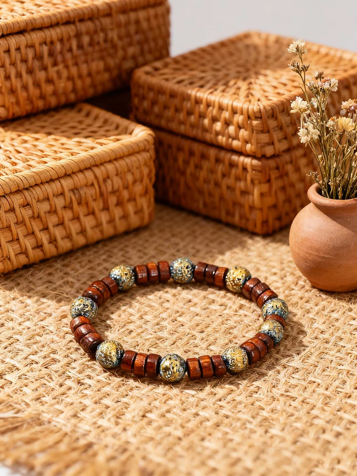✨ Natural Volcanic Stone Bracelet for Men – Light Blue Lava Beads & Handmade Retro Wood Beads – Vigour, Protection & Calmness Jewelry