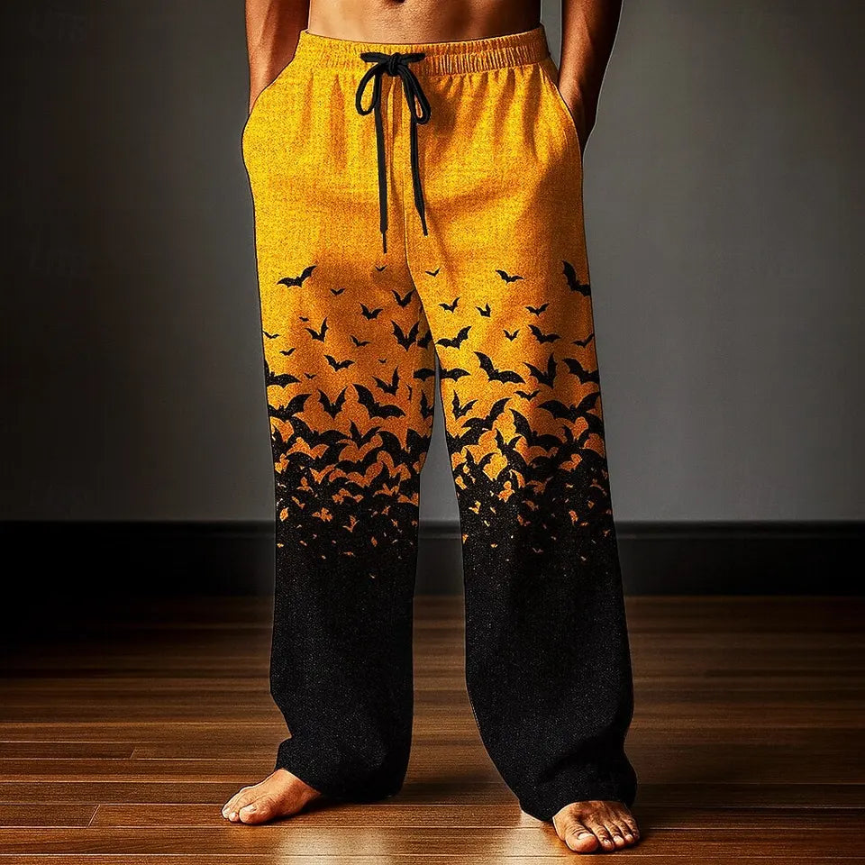 🦇 The Nocturnal Shadow: Premium Men’s Halloween Bat Print Trousers – High-Definition 3D Gothic Graphic, Mid-Waist Elastic Drawstring Fit, and Sophisticated Wide-Leg Casual Lounge Pants