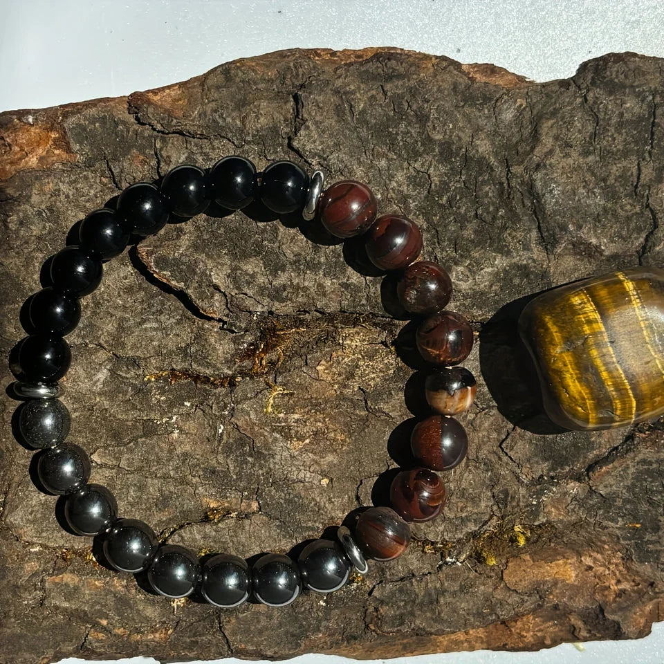 ✨ Handmade Protection and Grounding Bracelet – Red Tiger Eye and Hematite Natural Stone – Spiritual Energy Balance Jewelry