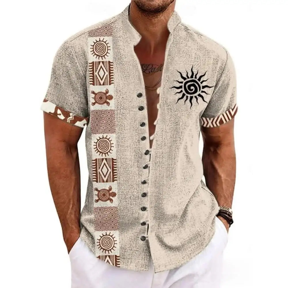 🗿 The Ethnic Totem Edition: Premium Men’s Modern-Retro Linen Shirt – High-Definition Tribal Totem Graphic Print, Breathable Organic Cotton-Linen Blend, and Sophisticated Urban-Casual Short-Sleeve สีขาว