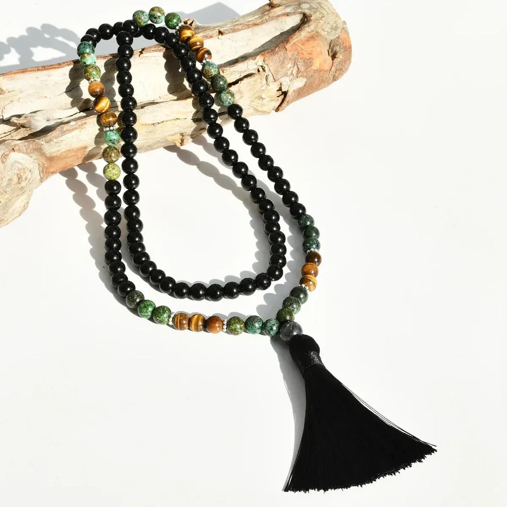 📿 The "Zen Guardian" 108 Mala: Black Agate & Tiger Eye Traditional Chinese Prayer Necklace
