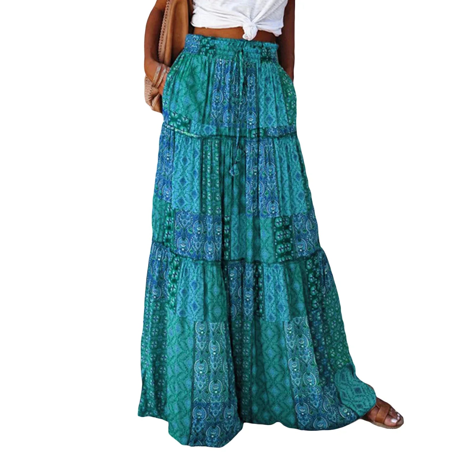 Women’s Bohemian High Waist Skirt A-Line Swing with Pockets - Drawstring Elastic Long Skirt E