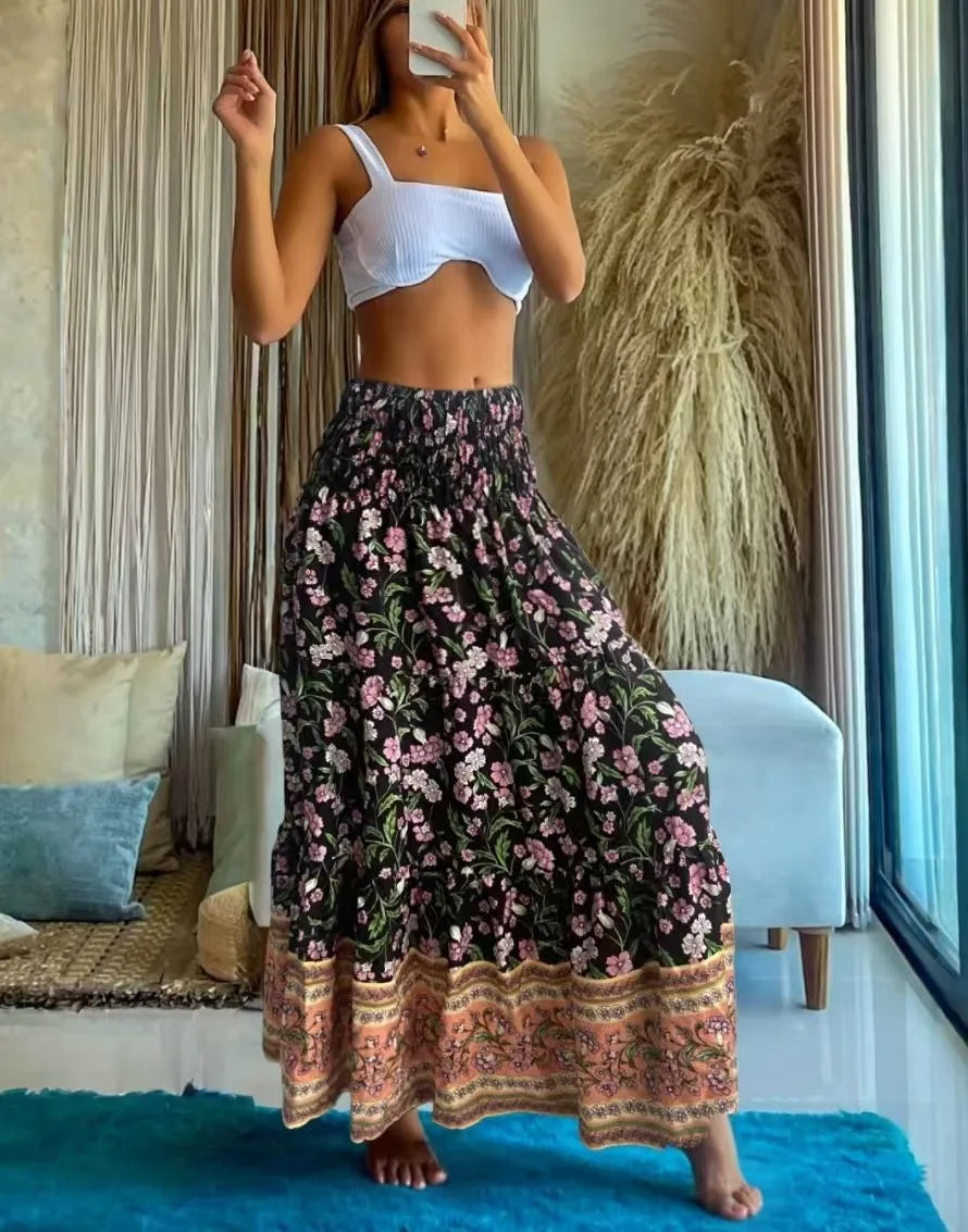 👗 Fashion Boho Printed Long Skirt – Casual Retro Vacation Style with Elastic Waist and A-line Big Hem for Women, Spring Summer New