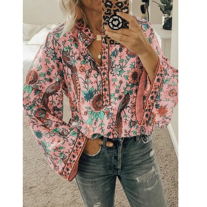 👚 Women’s Floral Print Blouse – Spot New Summer Design, Loose Fit, Flared Long Sleeves, Model CKX9070 pink