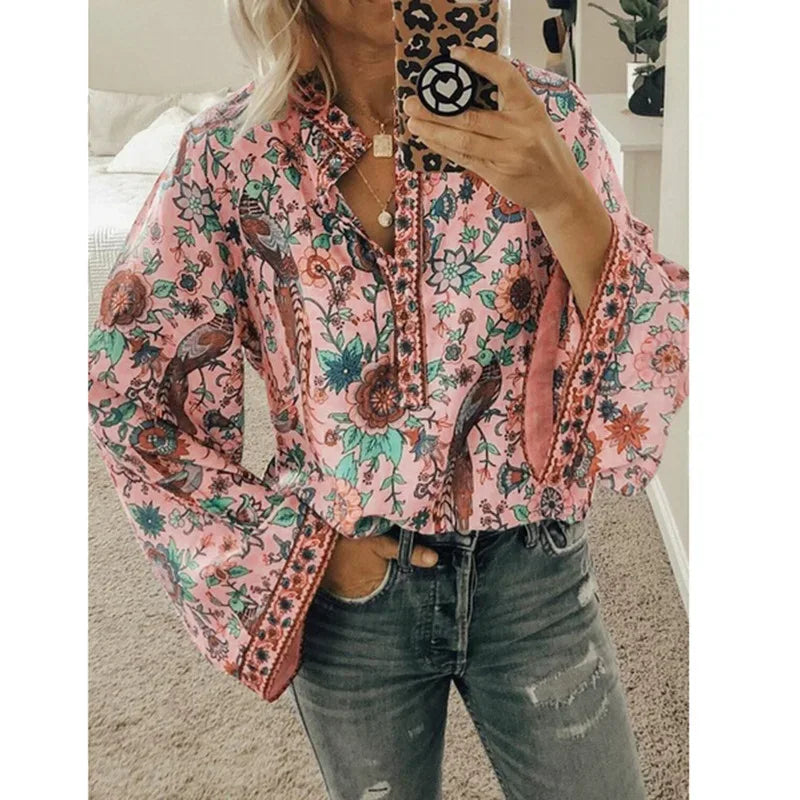 Women's Floral Print Blouse - New Summer Design, Loose Fit, Flared Long Sleeves, Model CKX9070 pink