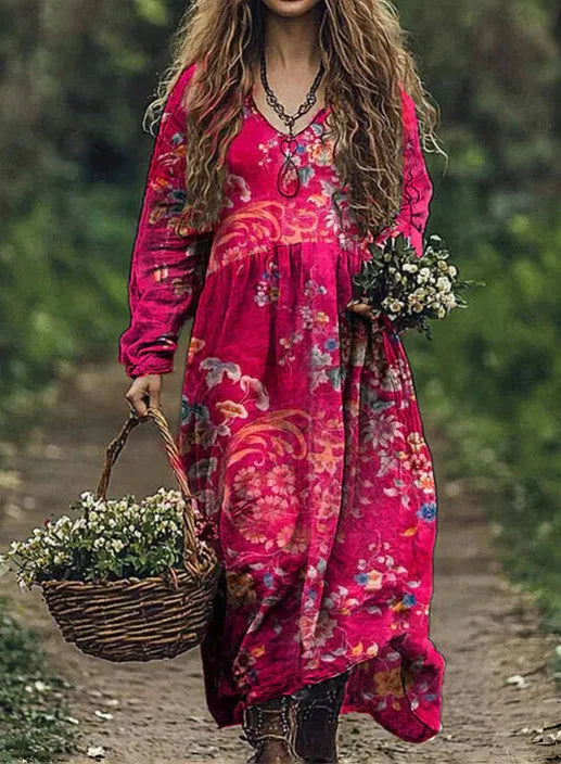 🛍️ Casual Women’s Vintage Printed Dress – V-Neck, Long Sleeves, Loose Large Swing Dress for Spring & Autumn 3
