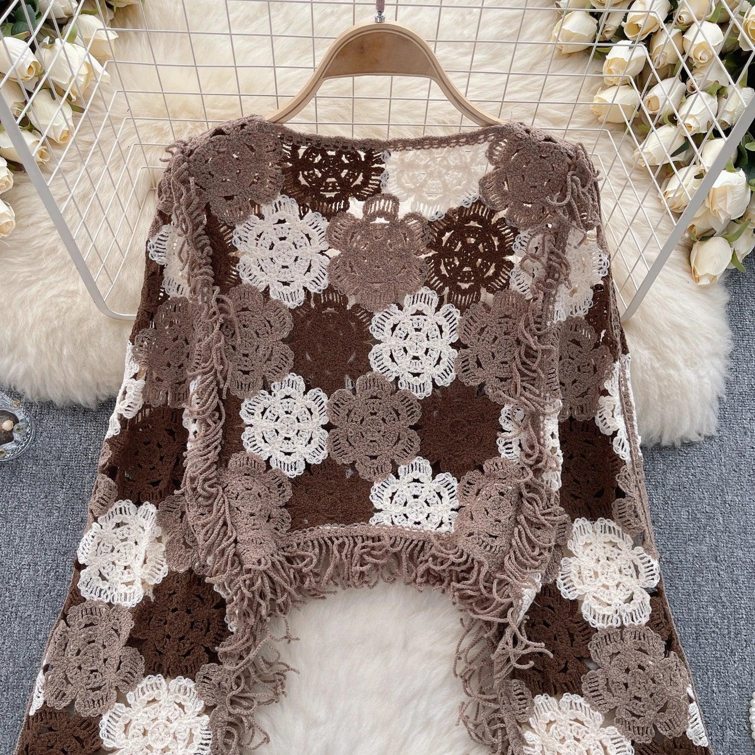 SINGREINY Bohemian Hollow Out Top - Tassels Knit Long Sleeve Blouse with Hook Flower Design for Vintage Y2K Chic Streetwear