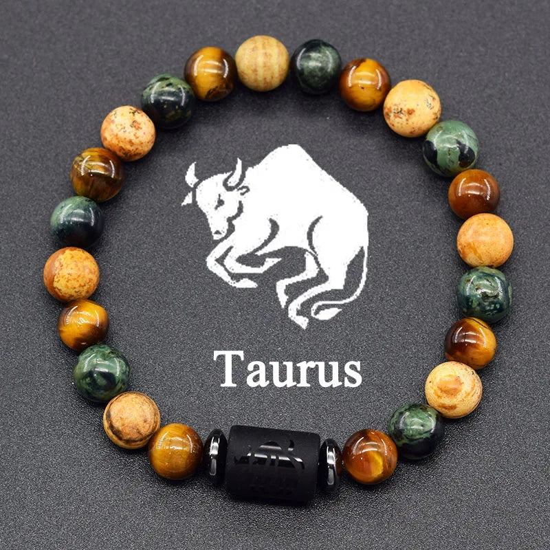 ✨ 12 Zodiac Constellation Signs Bracelet – Tiger Eye & Sparrow Picture Stone Beads – Virgo Charm Couple Jewelry for Men & Women 5 Taurus 8 mm Beads