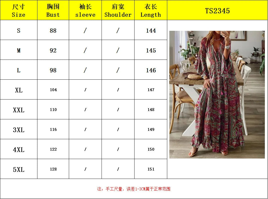 Bohemian Floral Dress – Retro Printed V-neck, High Waist, Bell Sleeve Design for Spring & Autumn
