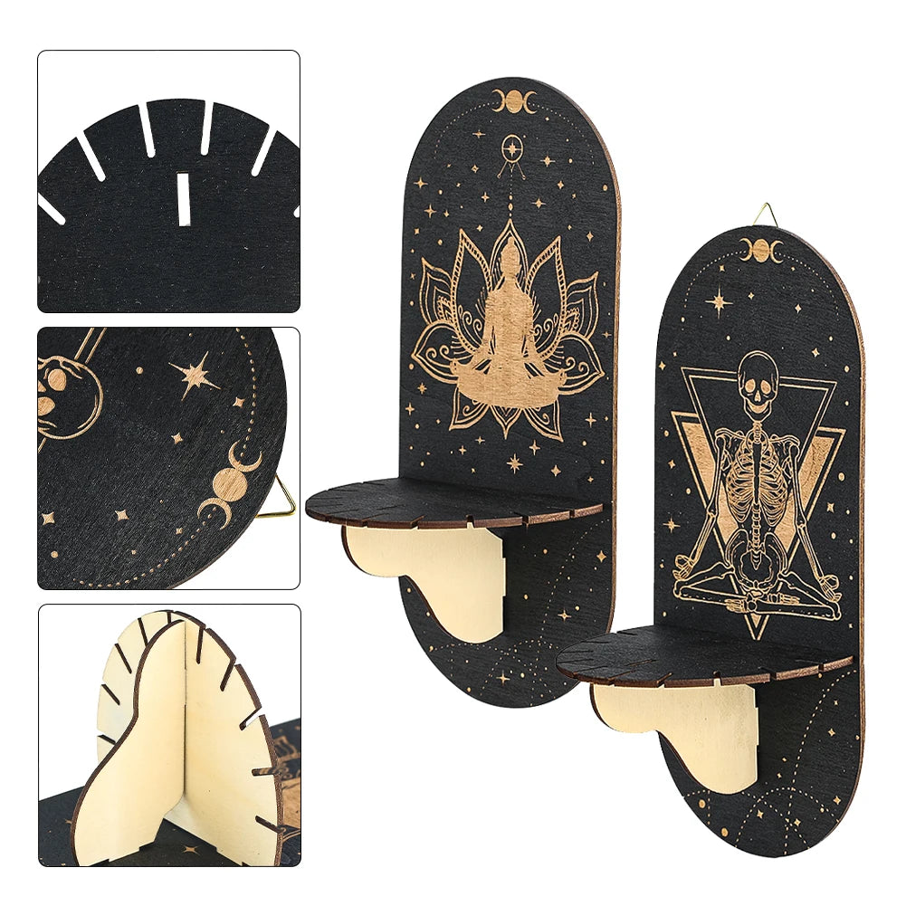 Boho Wooden Wall Bracket Floating Shelf – Hand-Carved Crystal & Candle Holder Display Stand for Spiritual and Decorative Use